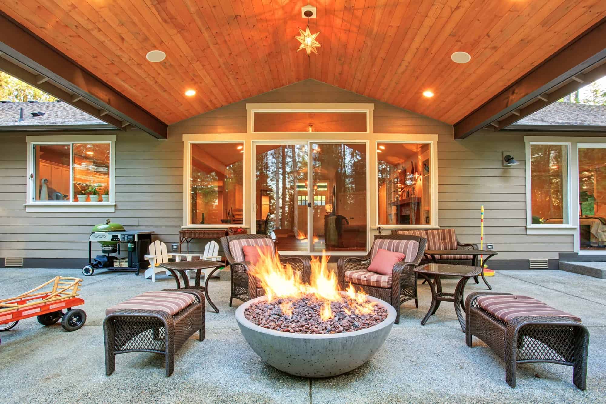 Gas powered fire pit set up outdoors